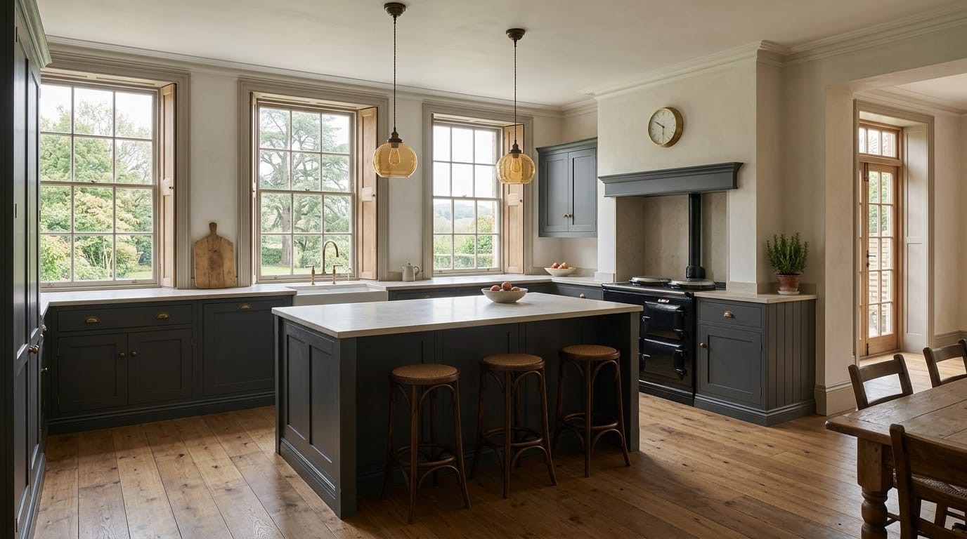 Classic Mastercraft kitchen with dark blue units, central island and large sash windows