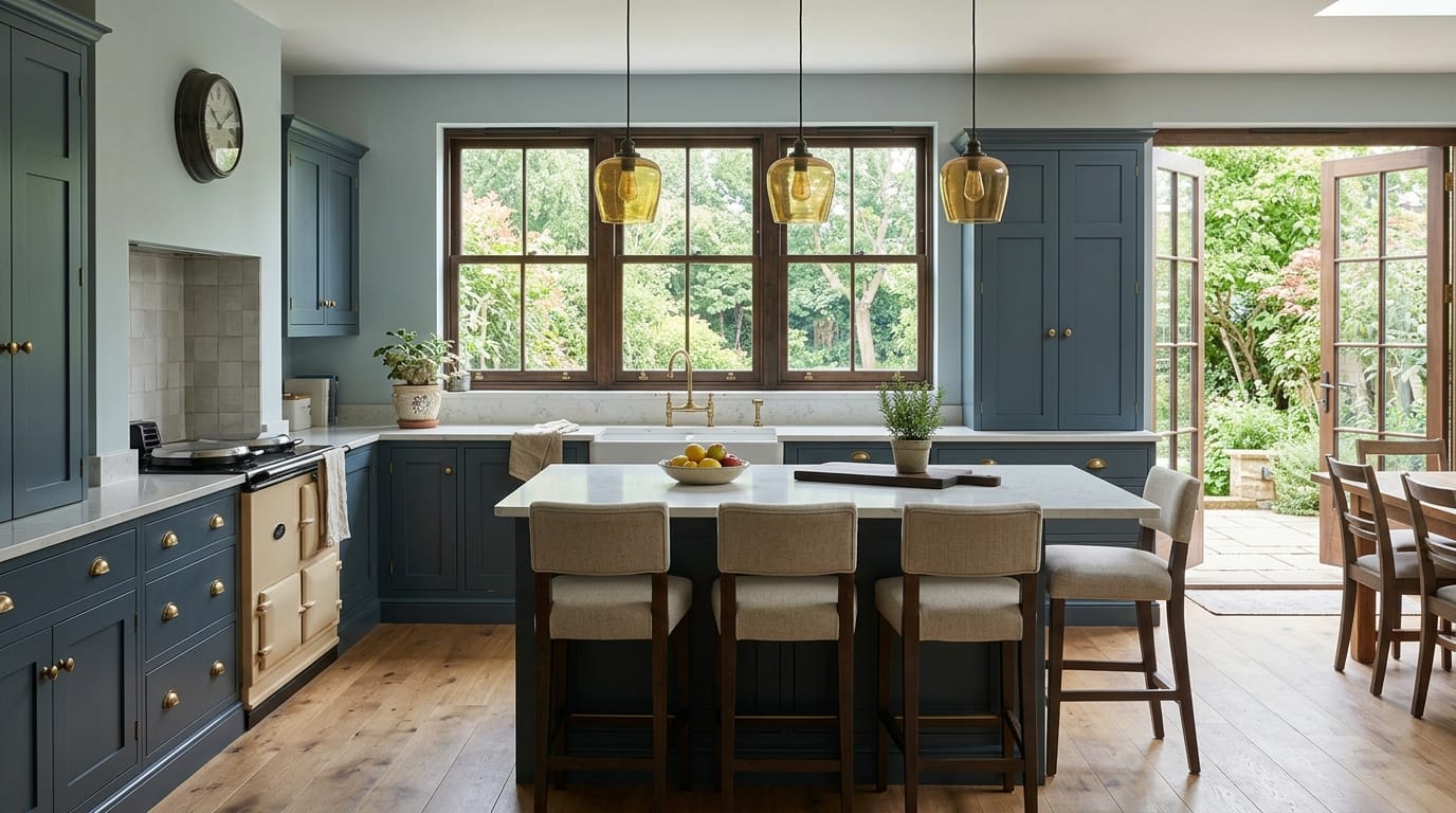 Mastercraft bespoke kitchen in Woking — wide architectural view showing room volume and design quality