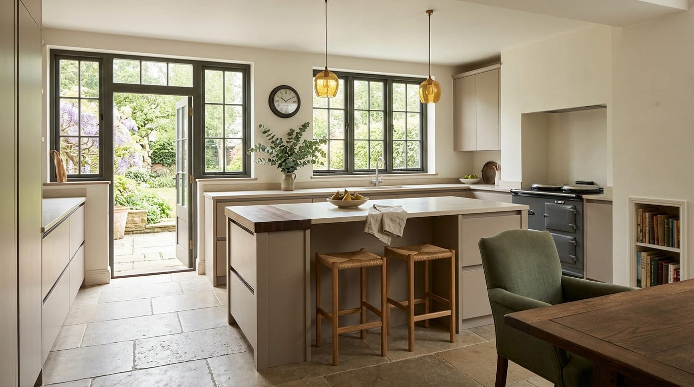 hero2_1200x675-21 Modern Mastercraft kitchen with stone floor, island seating and black framed windows