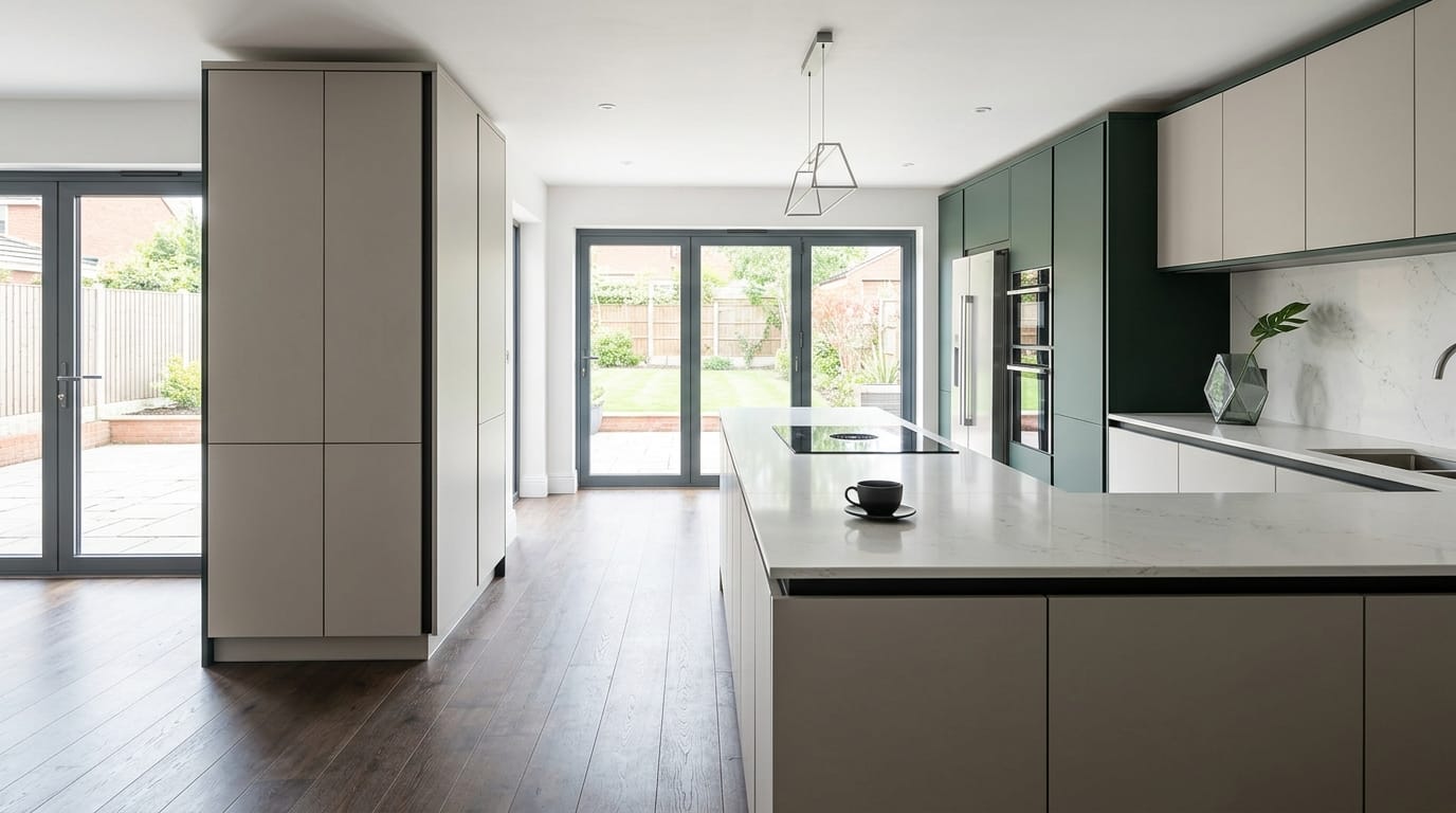 Mastercraft bespoke kitchen in Minworth, wide architectural view showing room volume and design quality