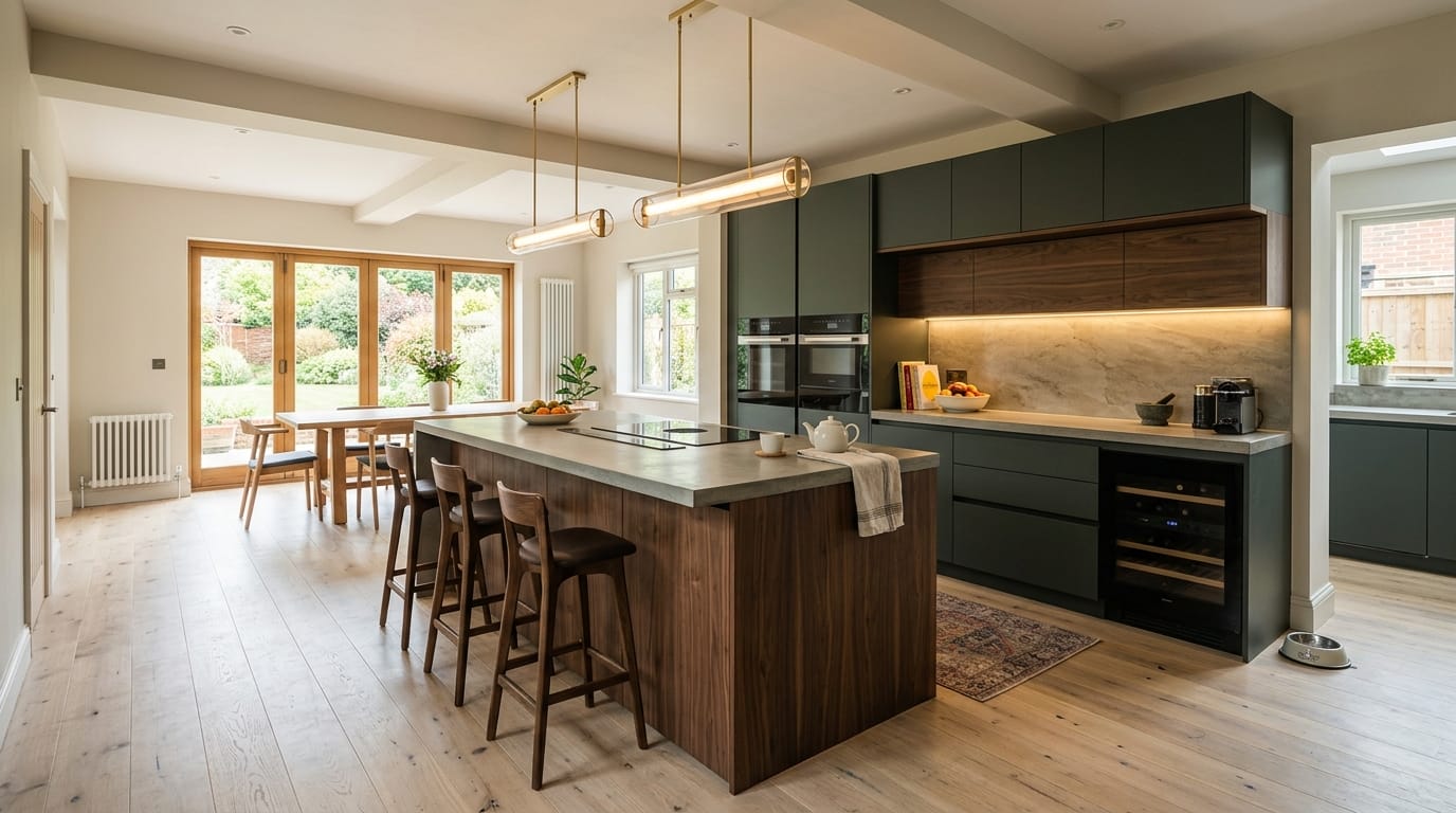 hero2_1200x675-311 Mastercraft bespoke kitchen in Blackwell, wide architectural view showing room volume and design quality