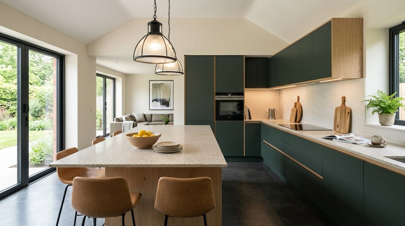 hero2_1200x675-312 Mastercraft bespoke kitchen in Blakebrook, wide architectural view showing room volume and design quality