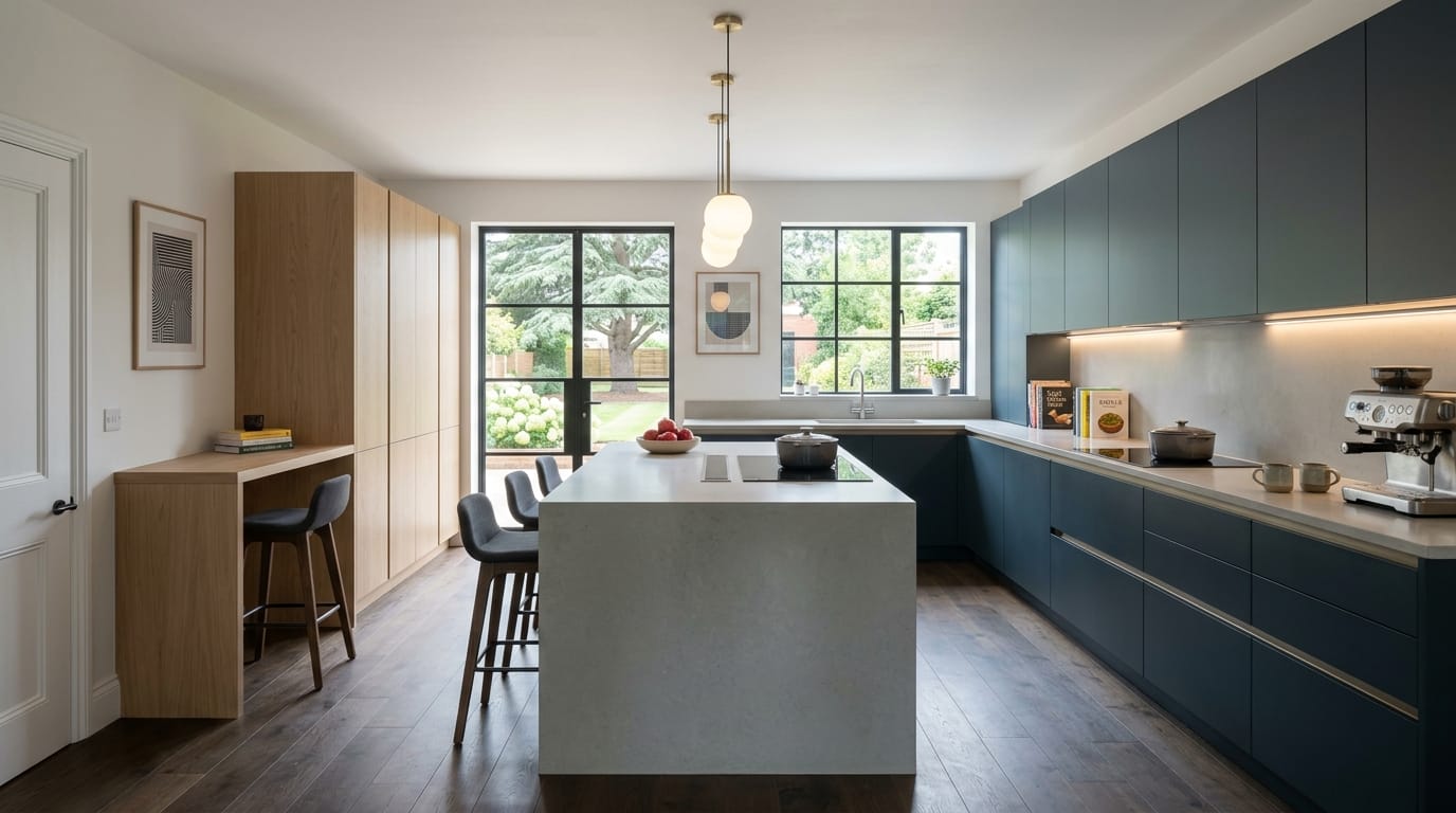 Mastercraft bespoke kitchen in Bromsgrove, wide architectural view showing room volume and design quality