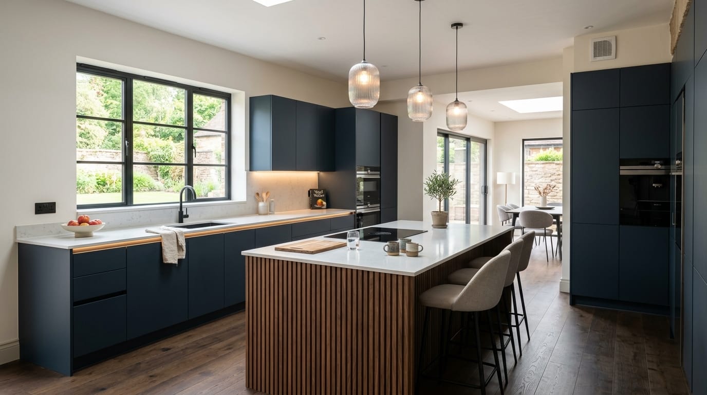 Mastercraft bespoke kitchen in Droitwich, wide architectural view showing room volume and design quality