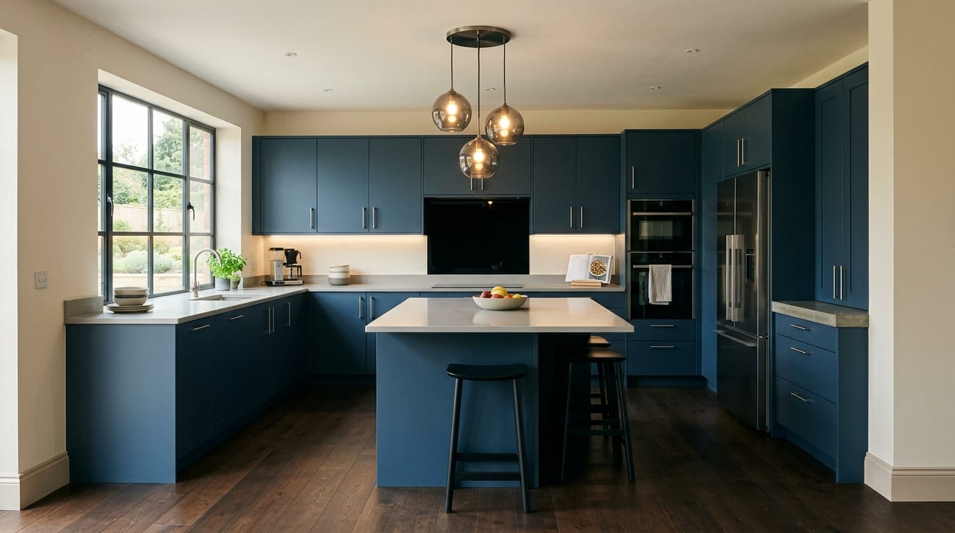 Mastercraft bespoke kitchen in Evesham, wide architectural view showing room volume and design quality