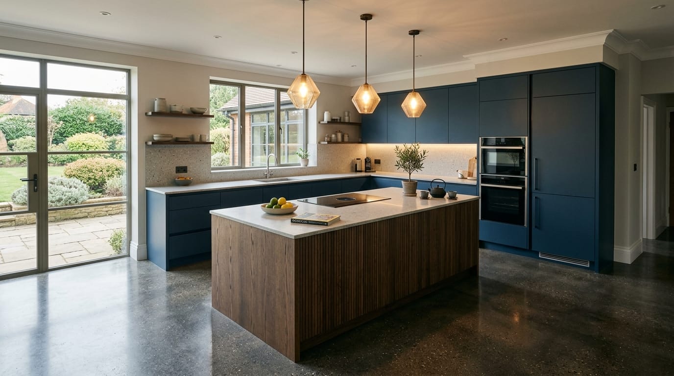 Mastercraft bespoke kitchen in Franche, wide architectural view showing room volume and design quality