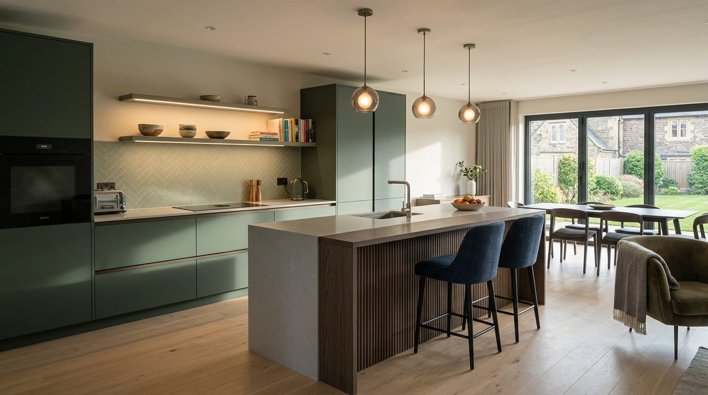 Mastercraft bespoke kitchen in Great Malvern, wide architectural view showing room volume and design quality