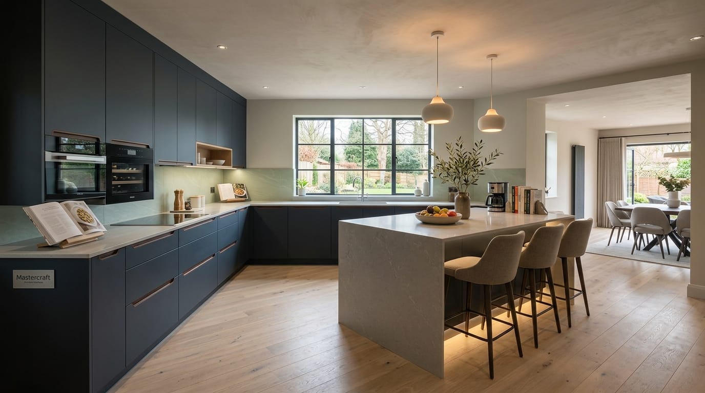 Mastercraft bespoke kitchen in Kidderminster, wide architectural view showing room volume and design quality