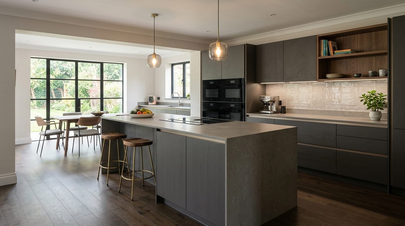 hero2_1200x675-319 Mastercraft bespoke kitchen in Redditch, wide architectural view showing room volume and design quality