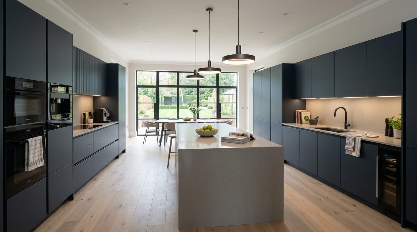 hero2_1200x675-321 Mastercraft bespoke kitchen in Worcester, wide architectural view showing room volume and design quality