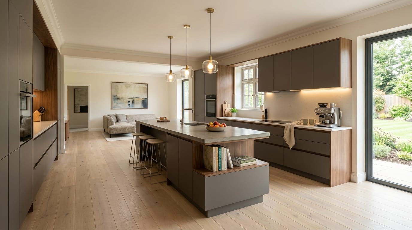 Mastercraft bespoke kitchen in Wythall, wide architectural view showing room volume and design quality