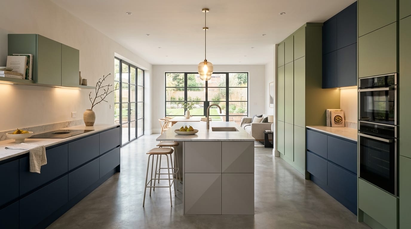 Mastercraft bespoke kitchen in Beeston, wide architectural view showing room volume and design quality