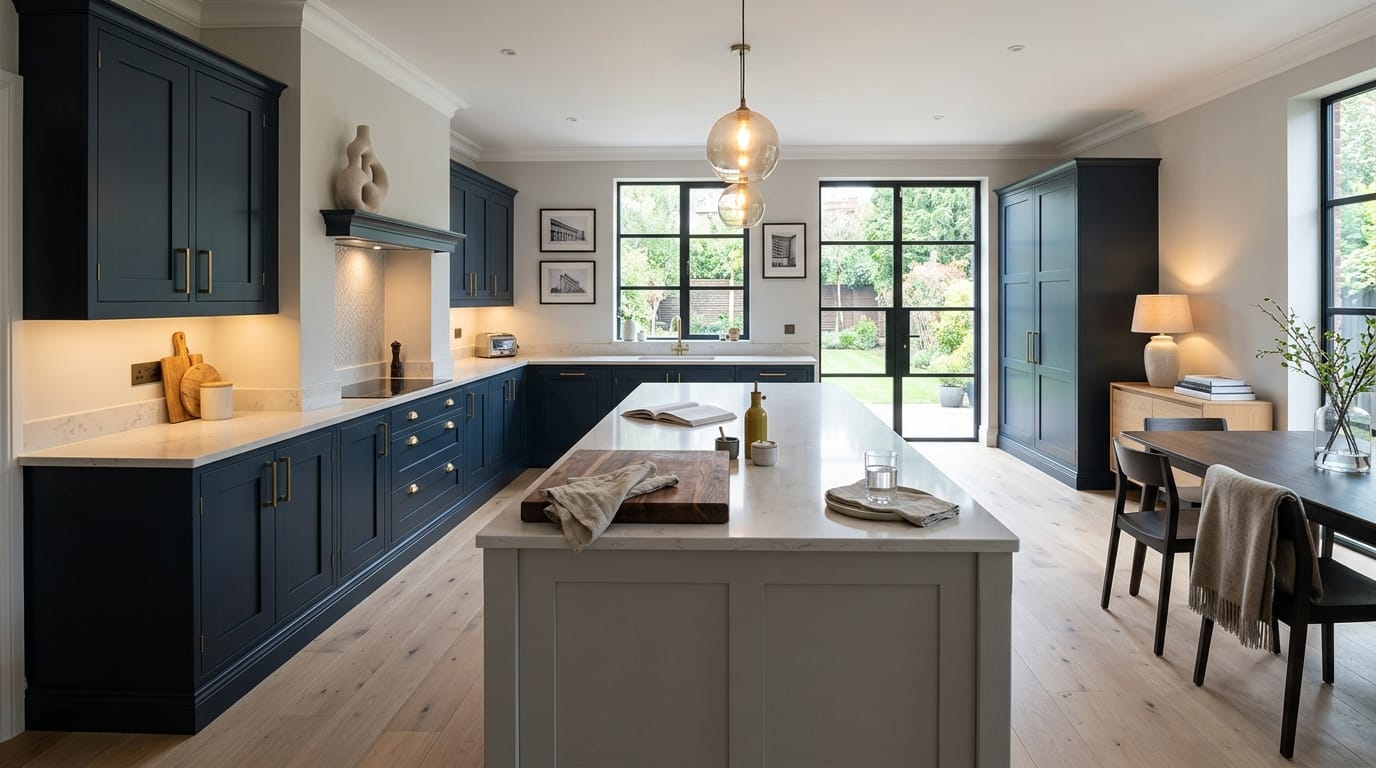 Mastercraft bespoke kitchen in Ormskirk, wide architectural view showing room volume and design quality