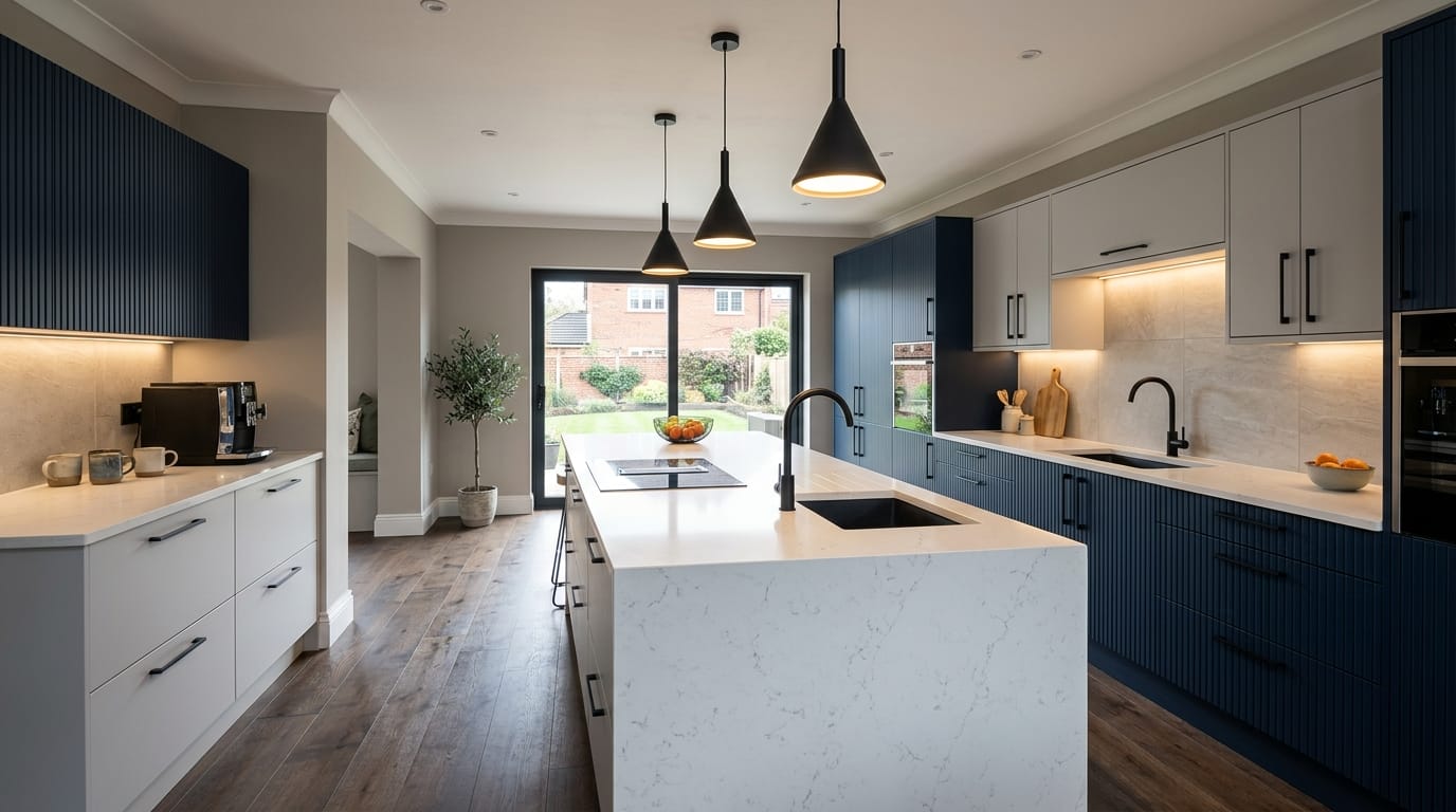 Mastercraft bespoke kitchen in Hucknall, wide architectural view showing room volume and design quality