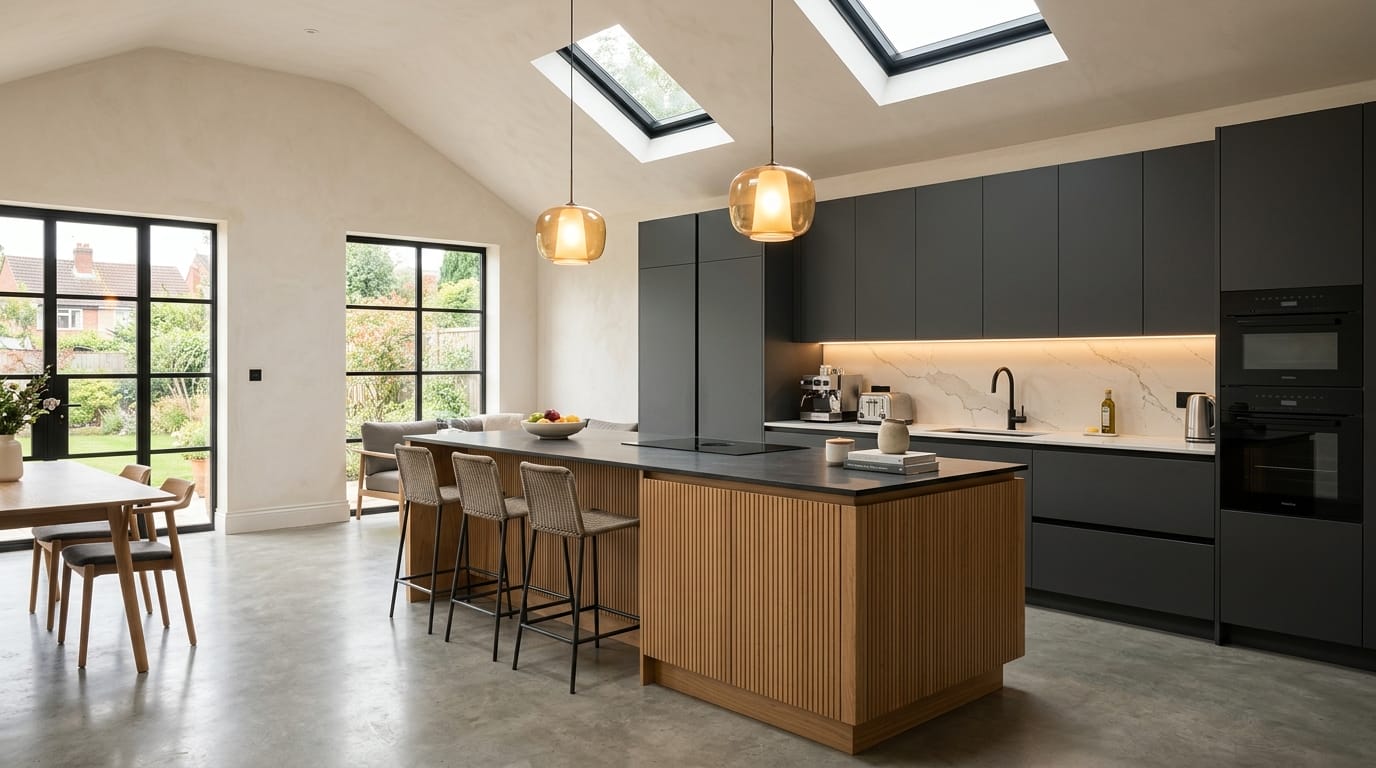 hero2_1200x675-328 Mastercraft bespoke kitchen in Kirkby in Ashfield, wide architectural view showing room volume and design quality