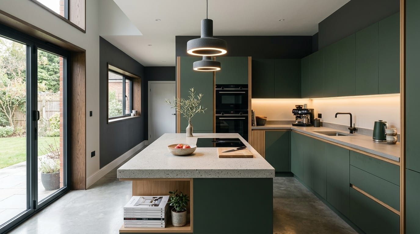 Mastercraft bespoke kitchen in Mansfield, wide architectural view showing room volume and design quality