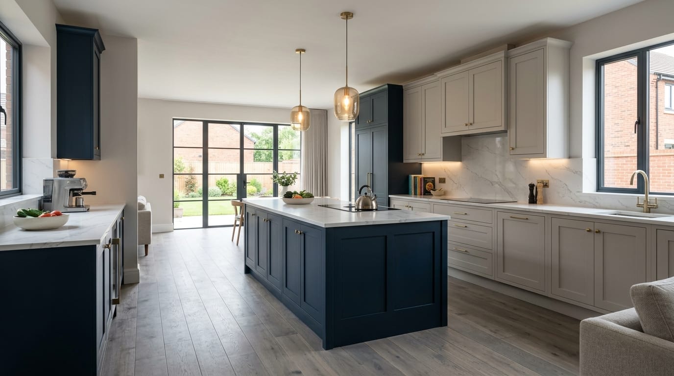 hero2_1200x675-330 Mastercraft bespoke kitchen in Newark on Trent, wide architectural view showing room volume and design quality