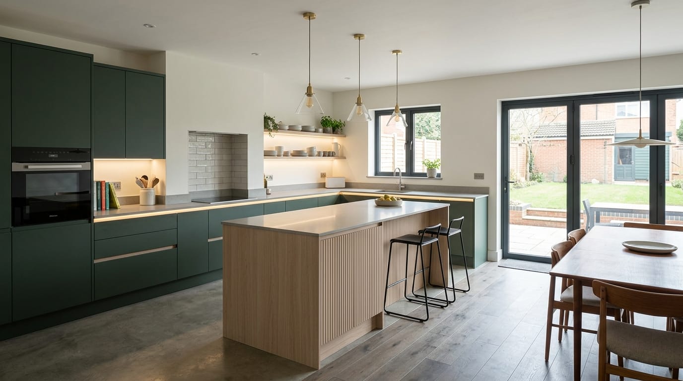 hero2_1200x675-333 Mastercraft bespoke kitchen in Sutton in Ashfield, wide architectural view showing room volume and design quality