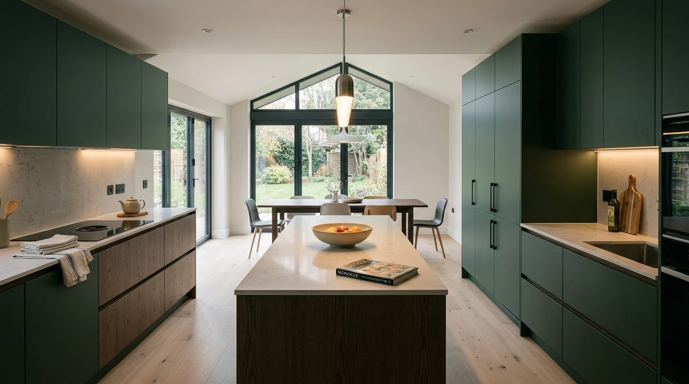 Mastercraft bespoke kitchen in Underwood, wide architectural view showing room volume and design quality