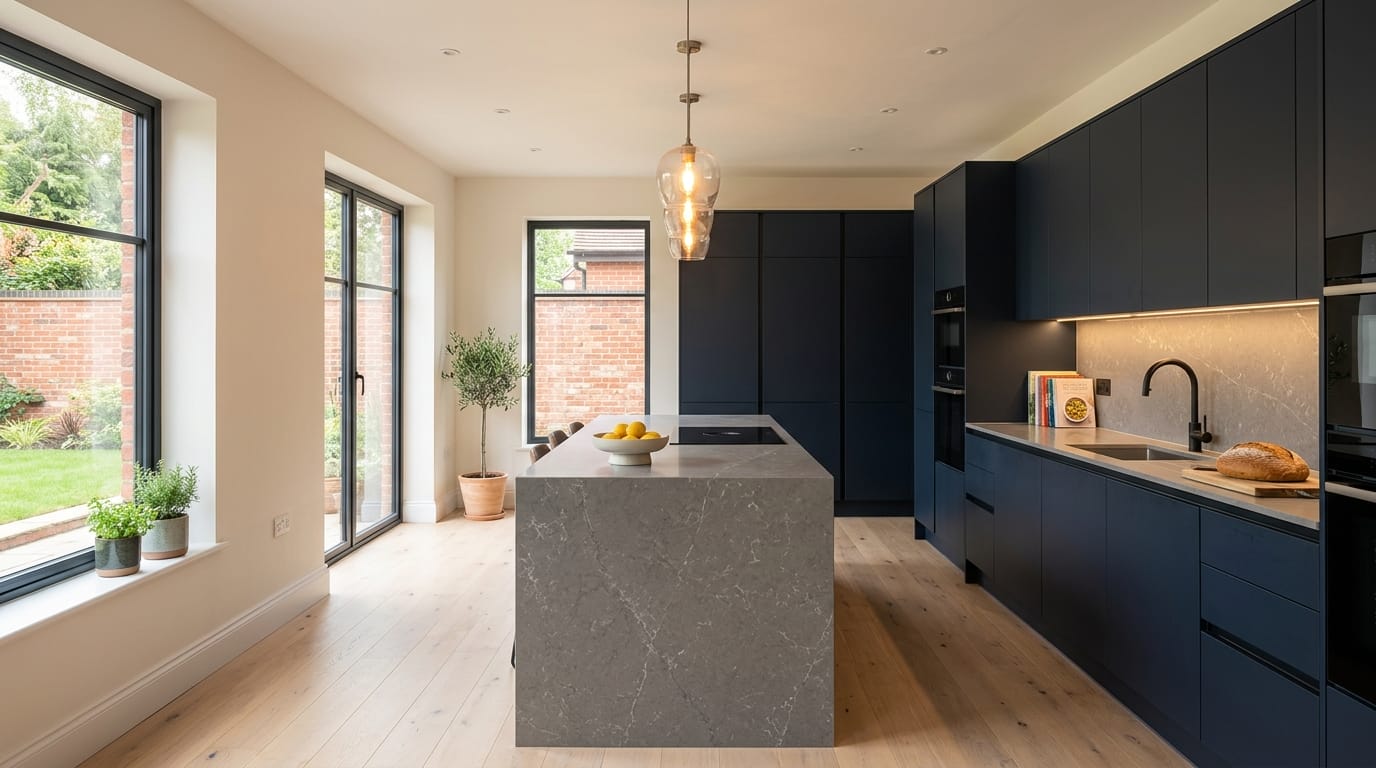 hero2_1200x675-335 Mastercraft bespoke kitchen in West Bridgford, wide architectural view showing room volume and design quality