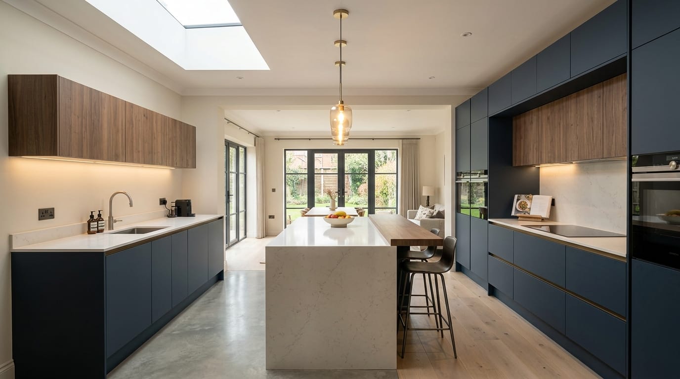 hero2_1200x675-336 Mastercraft bespoke kitchen in Worksop, wide architectural view showing room volume and design quality