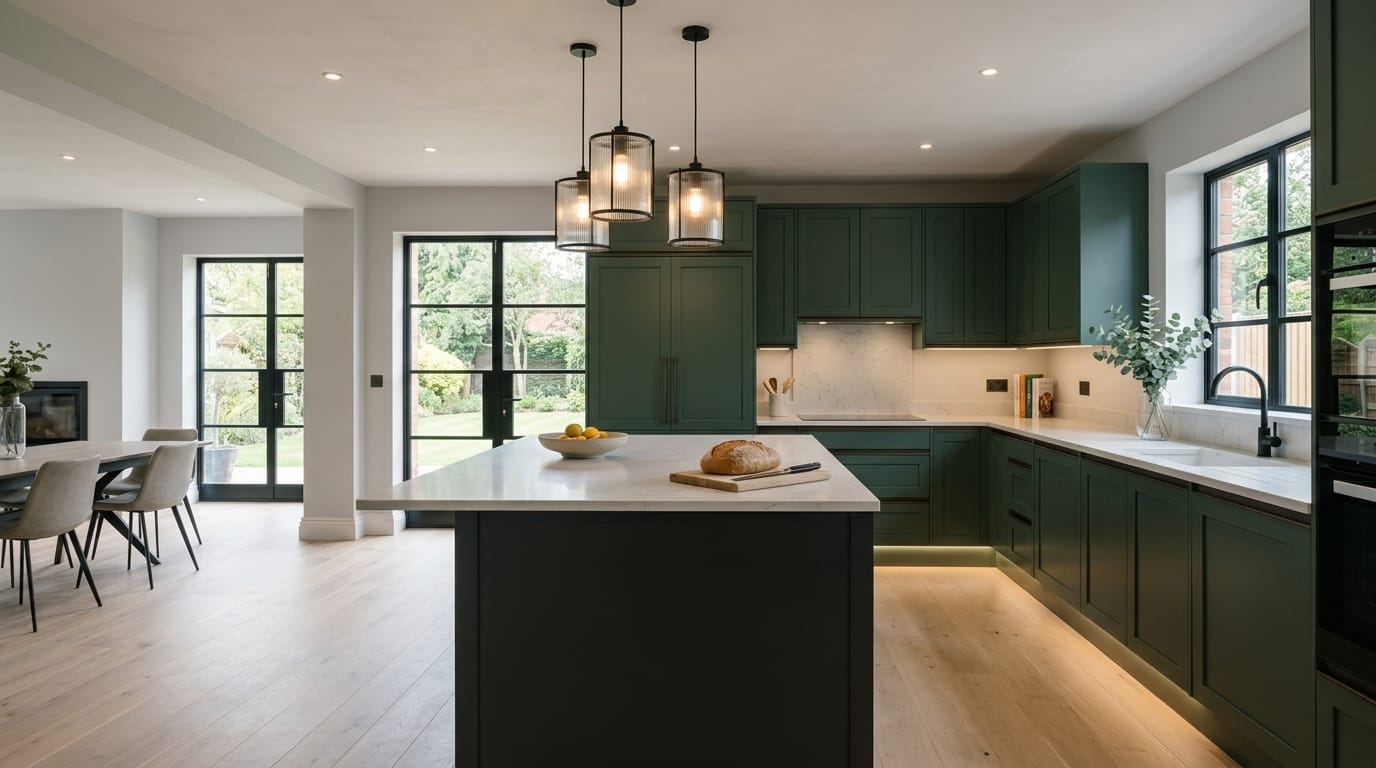 hero2_1200x675-338 Mastercraft bespoke kitchen in Blaby, wide architectural view showing room volume and design quality