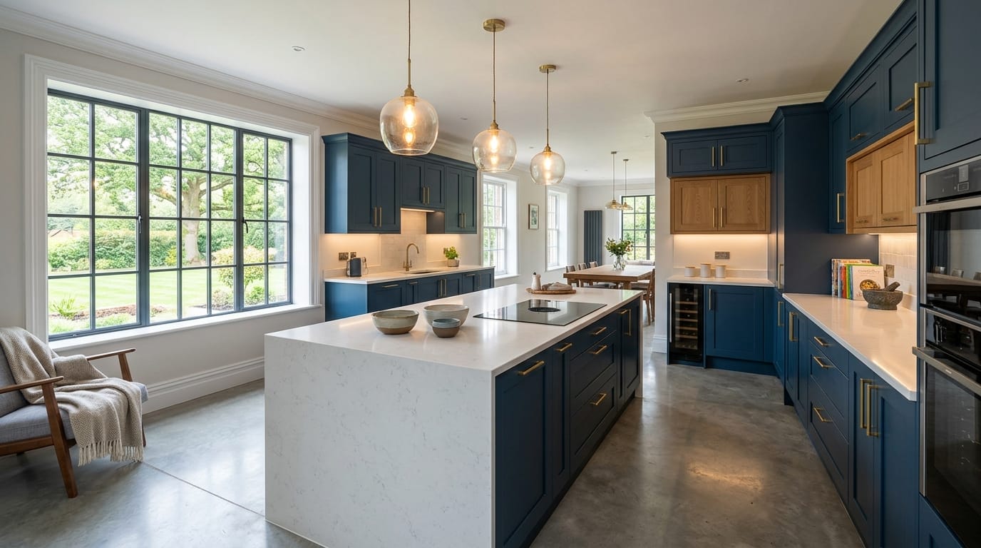 hero2_1200x675-339 Mastercraft bespoke kitchen in Coalville, wide architectural view showing room volume and design quality