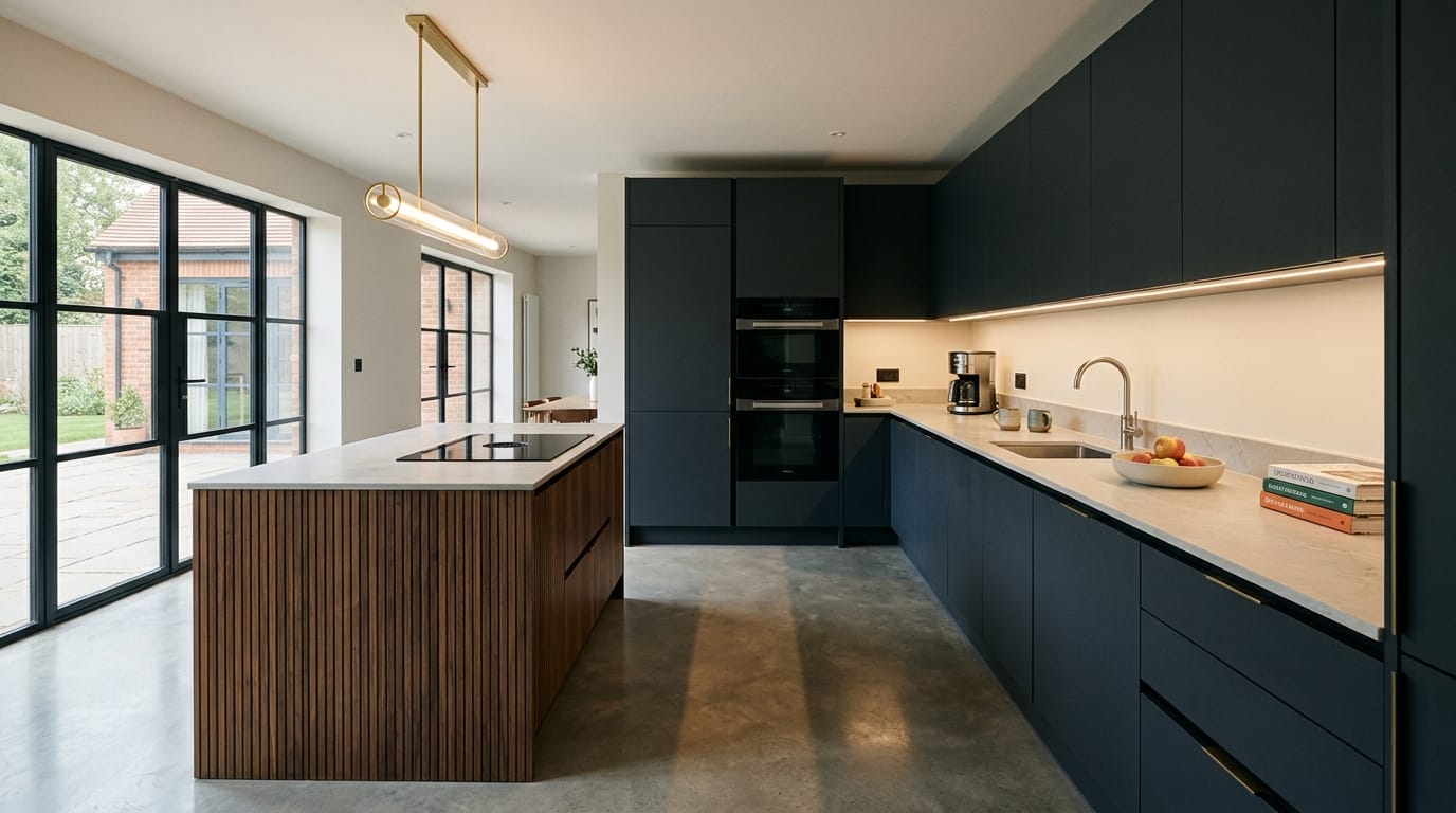 Mastercraft bespoke kitchen in Earl Shilton, wide architectural view showing room volume and design quality