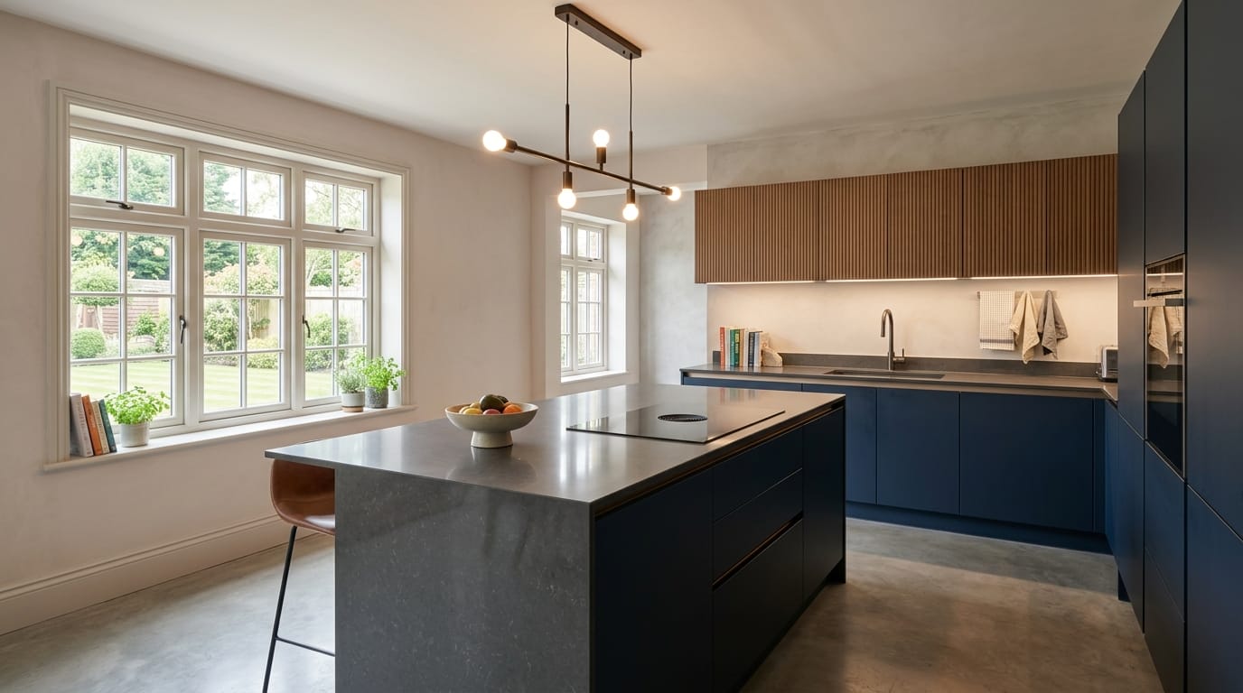 Mastercraft bespoke kitchen in Hinckley, wide architectural view showing room volume and design quality