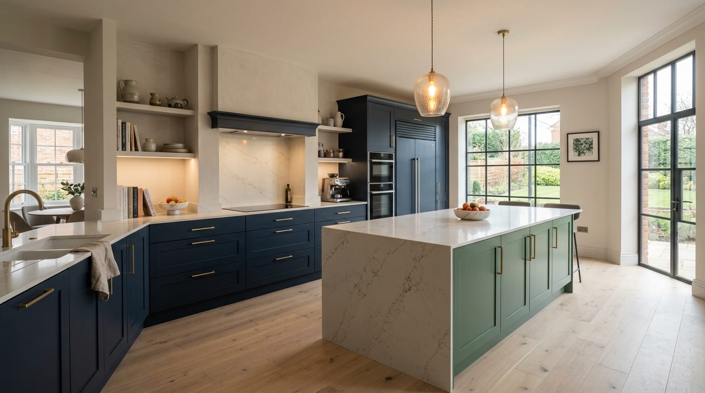 hero2_1200x675-343 Mastercraft bespoke kitchen in Leicester, wide architectural view showing room volume and design quality