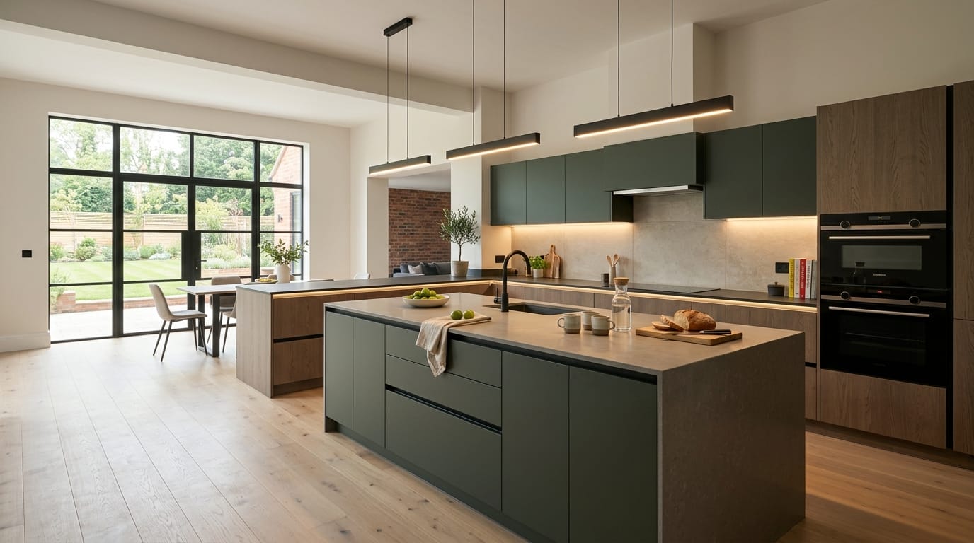 Mastercraft bespoke kitchen in Market Harborough, wide architectural view showing room volume and design quality