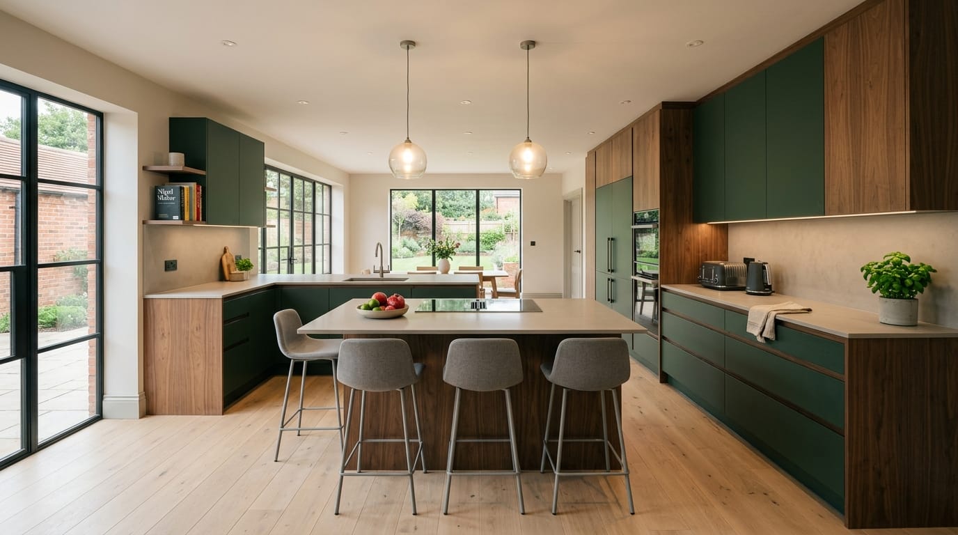 Mastercraft bespoke kitchen in Melton Mowbray, wide architectural view showing room volume and design quality