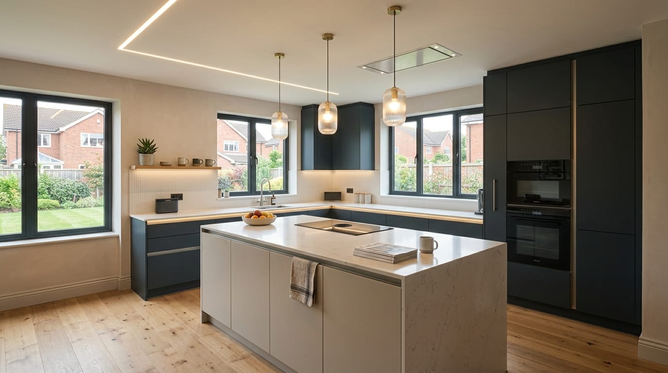 Mastercraft bespoke kitchen in Oadby, wide architectural view showing room volume and design quality