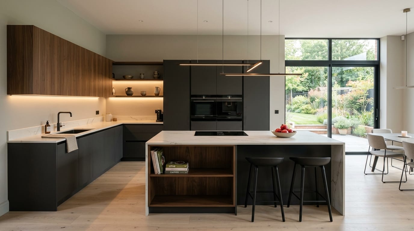 hero2_1200x675-348 Mastercraft bespoke kitchen in Shepshed, wide architectural view showing room volume and design quality