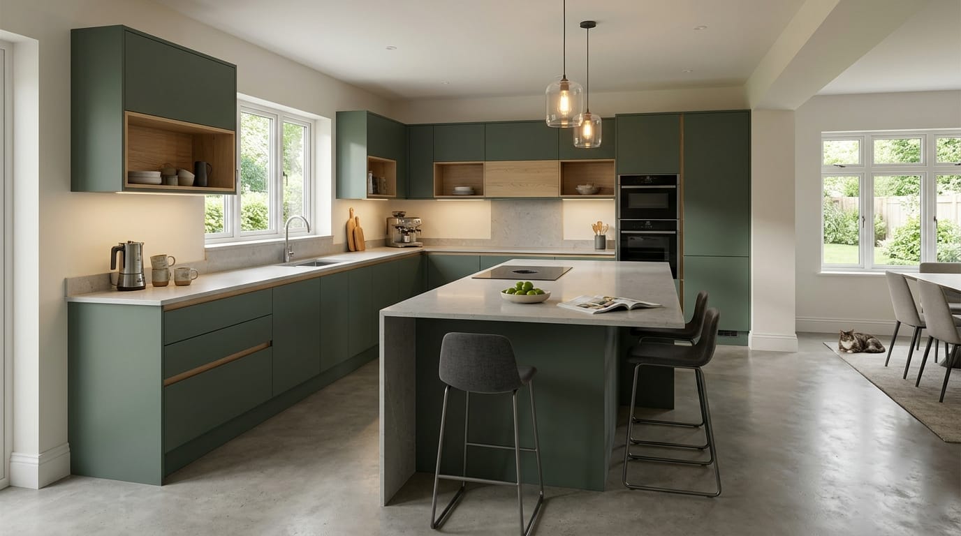 Mastercraft bespoke kitchen in Syston, wide architectural view showing room volume and design quality