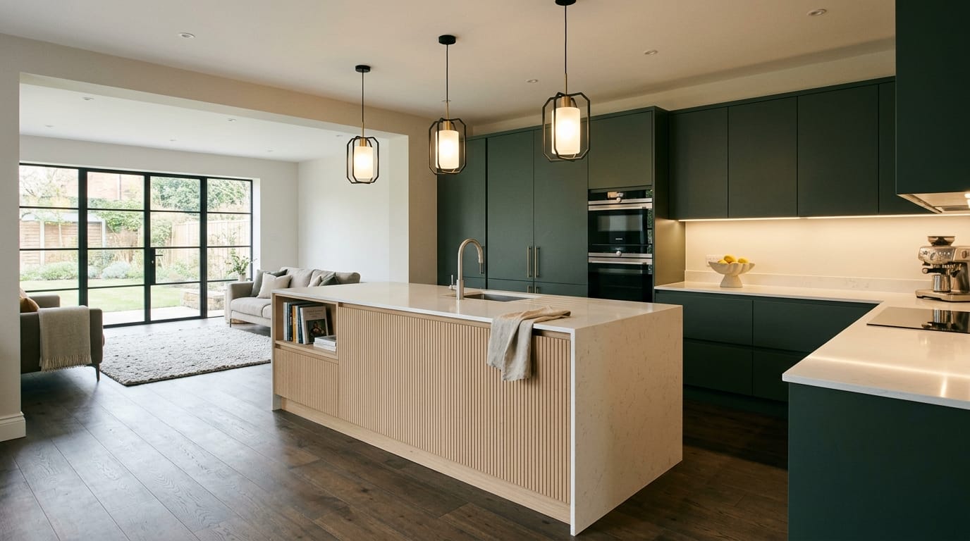 Mastercraft bespoke kitchen in Wigston, wide architectural view showing room volume and design quality