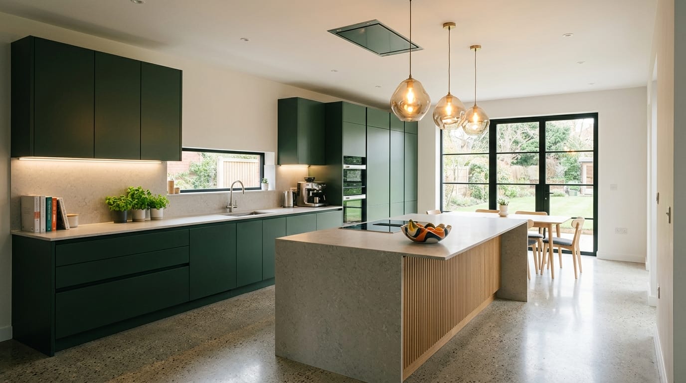 hero2_1200x675-351 Mastercraft bespoke kitchen in Boston, wide architectural view showing room volume and design quality