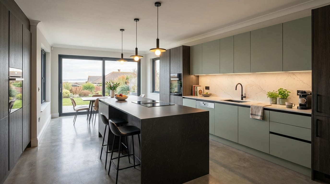 Mastercraft bespoke kitchen in Cleethorpes, wide architectural view showing room volume and design quality