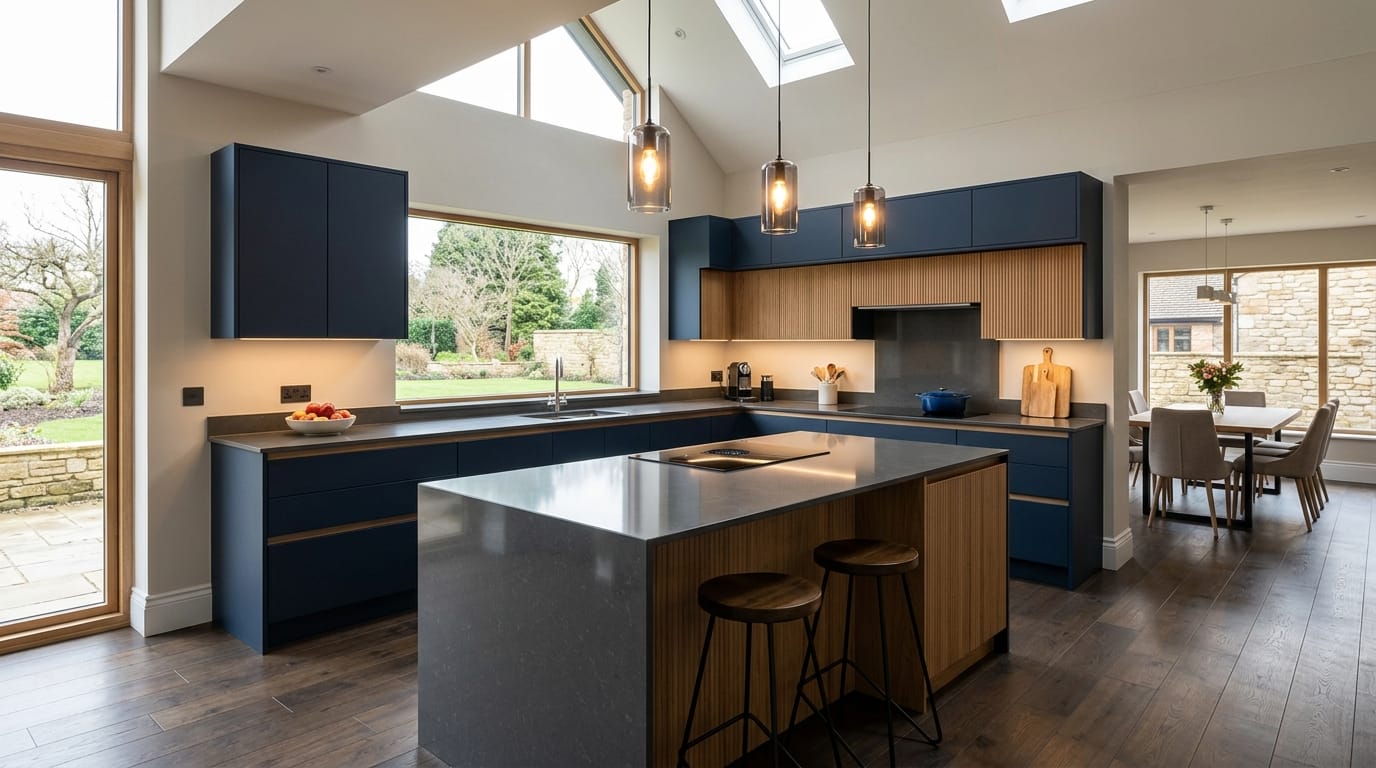 hero2_1200x675-353 Mastercraft bespoke kitchen in Gainsborough, wide architectural view showing room volume and design quality