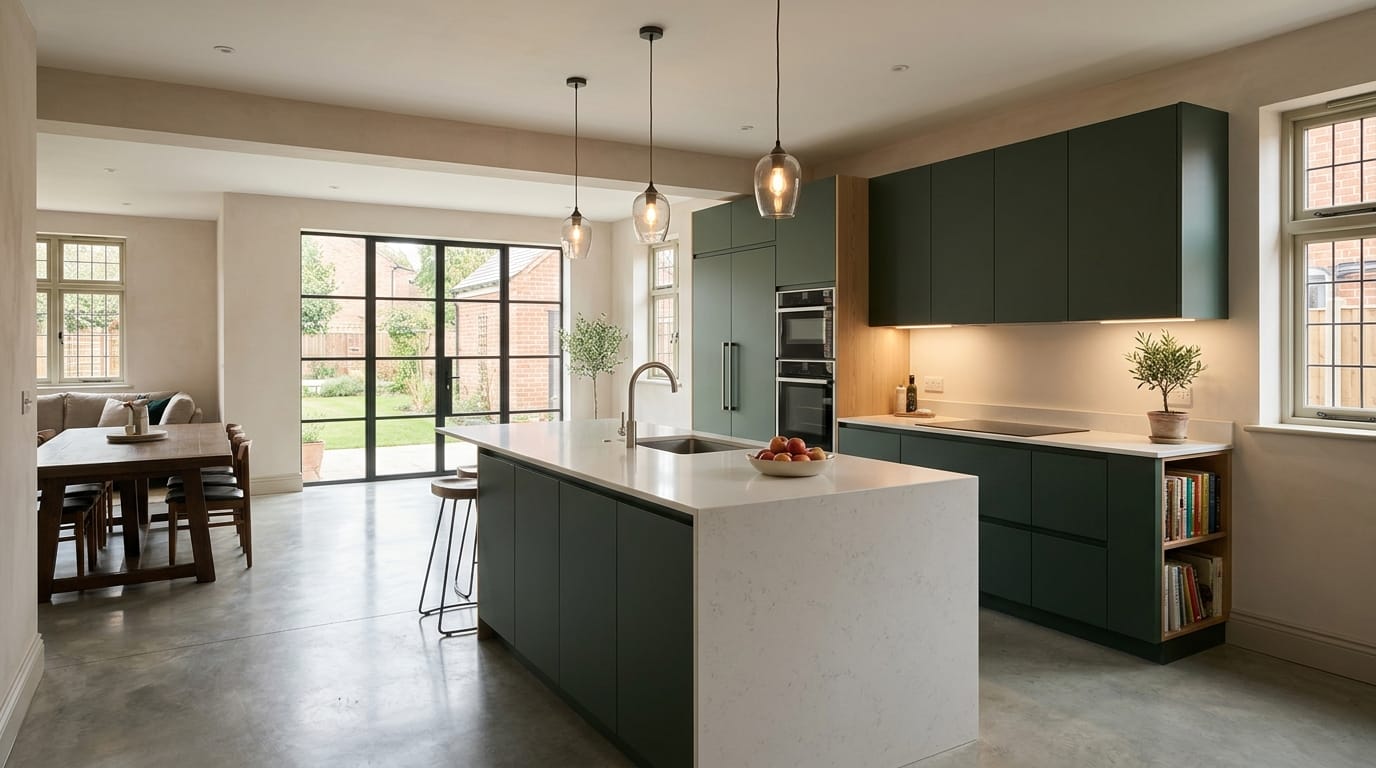 Mastercraft bespoke kitchen in Grantham, wide architectural view showing room volume and design quality