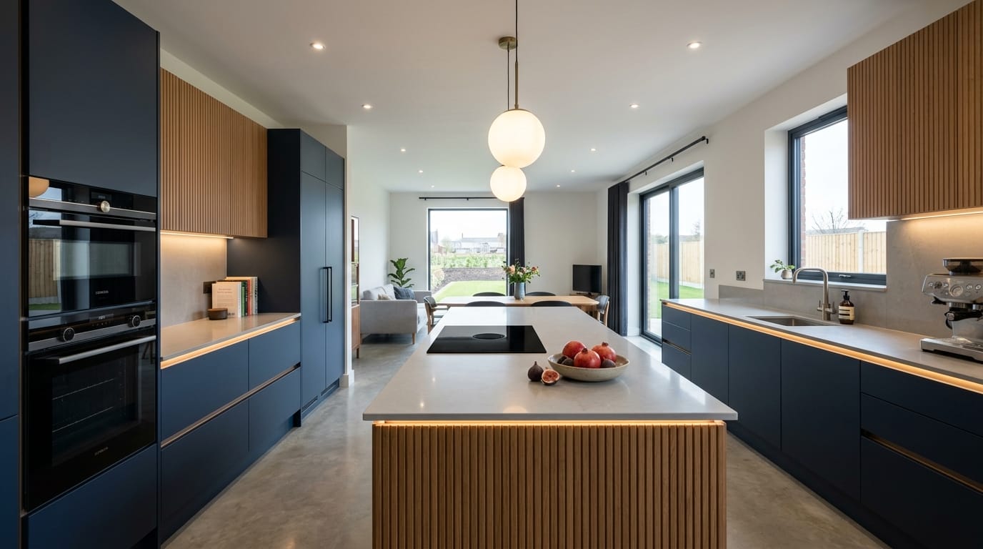 Mastercraft bespoke kitchen in Grimsby, wide architectural view showing room volume and design quality