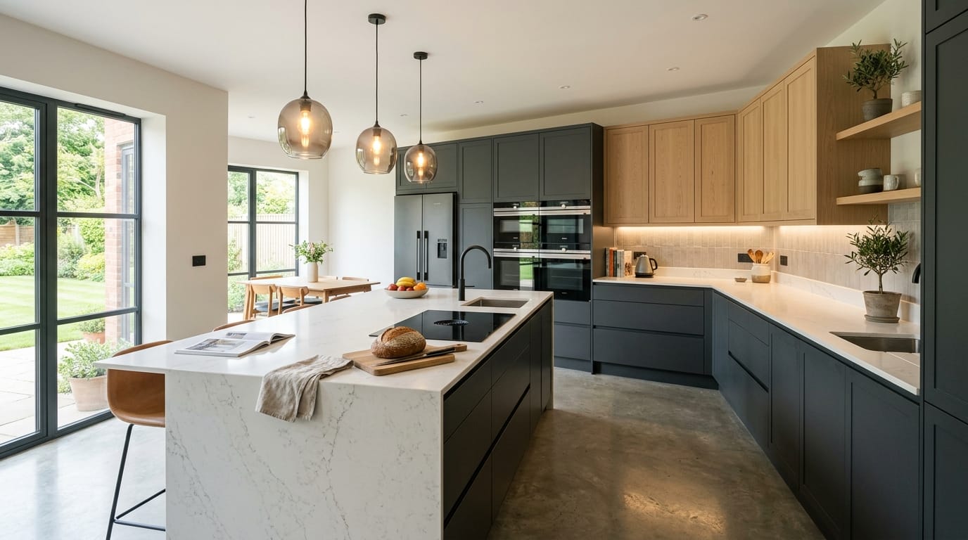 hero2_1200x675-358 Mastercraft bespoke kitchen in Louth, wide architectural view showing room volume and design quality