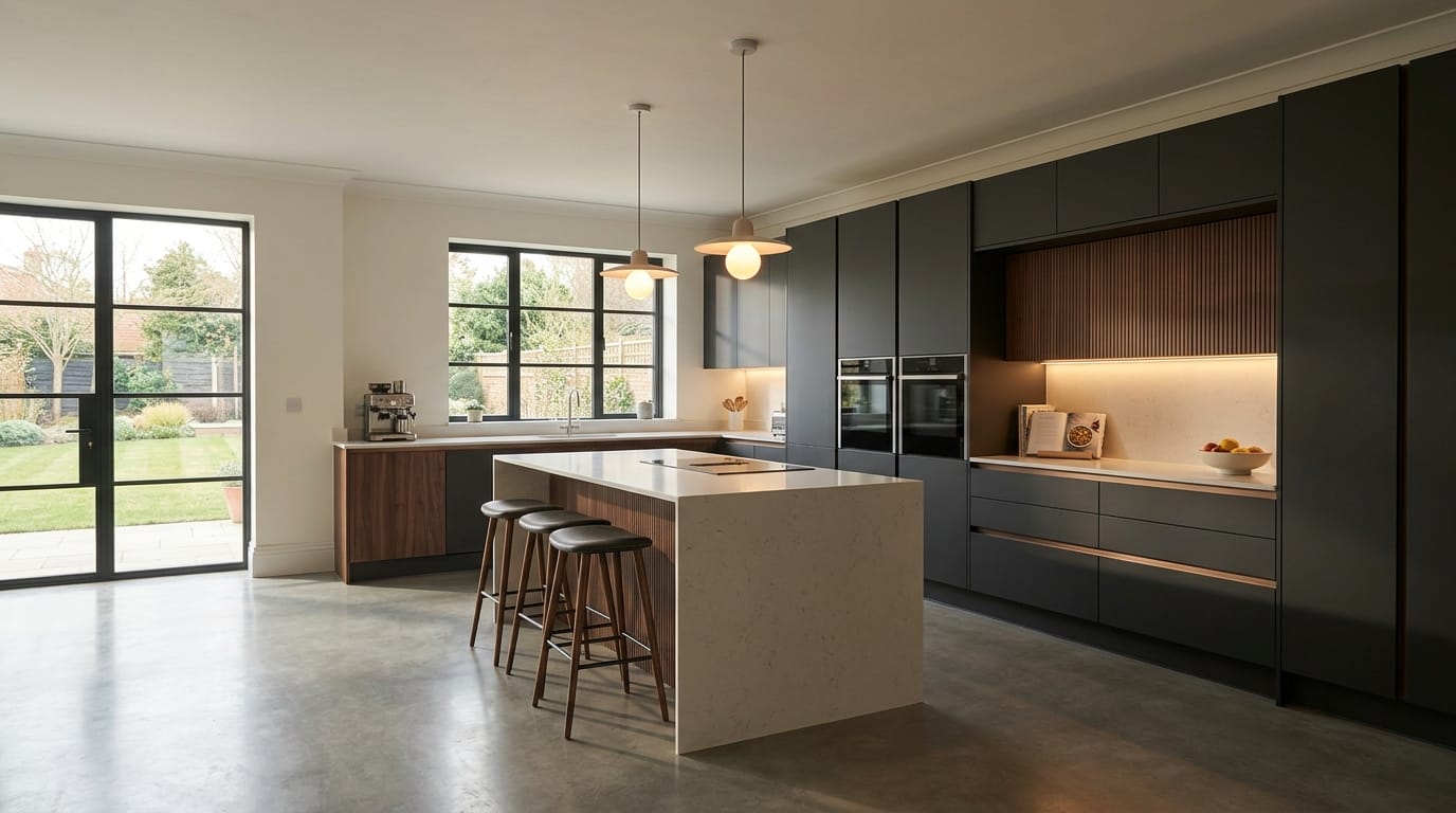 Mastercraft bespoke kitchen in Skegness, wide architectural view showing room volume and design quality