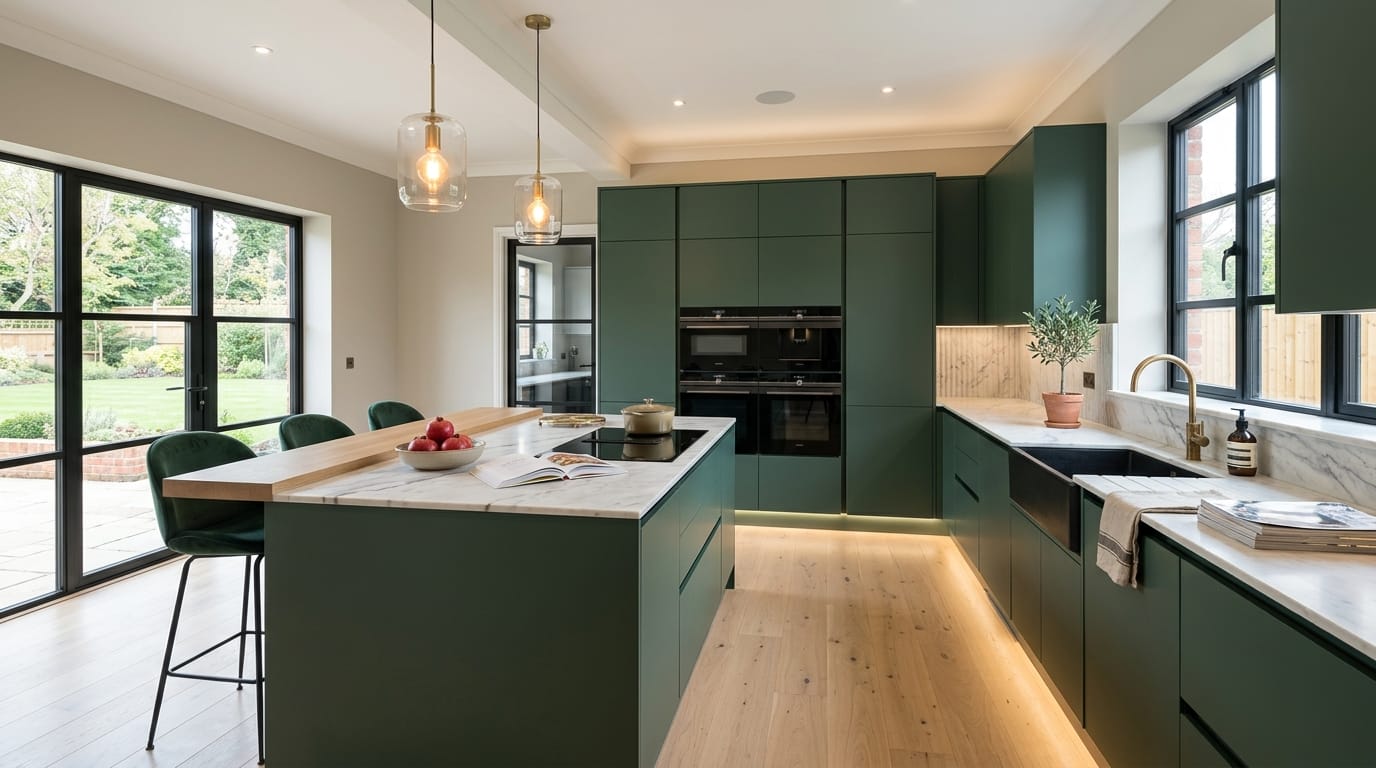 Mastercraft bespoke kitchen in Spalding, wide architectural view showing room volume and design quality