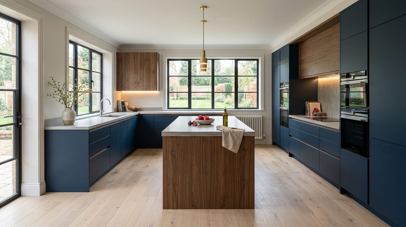 Mastercraft bespoke kitchen in Stamford, wide architectural view showing room volume and design quality