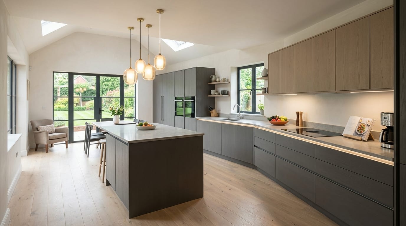 Mastercraft bespoke kitchen in Ackleton, wide architectural view showing room volume and design quality