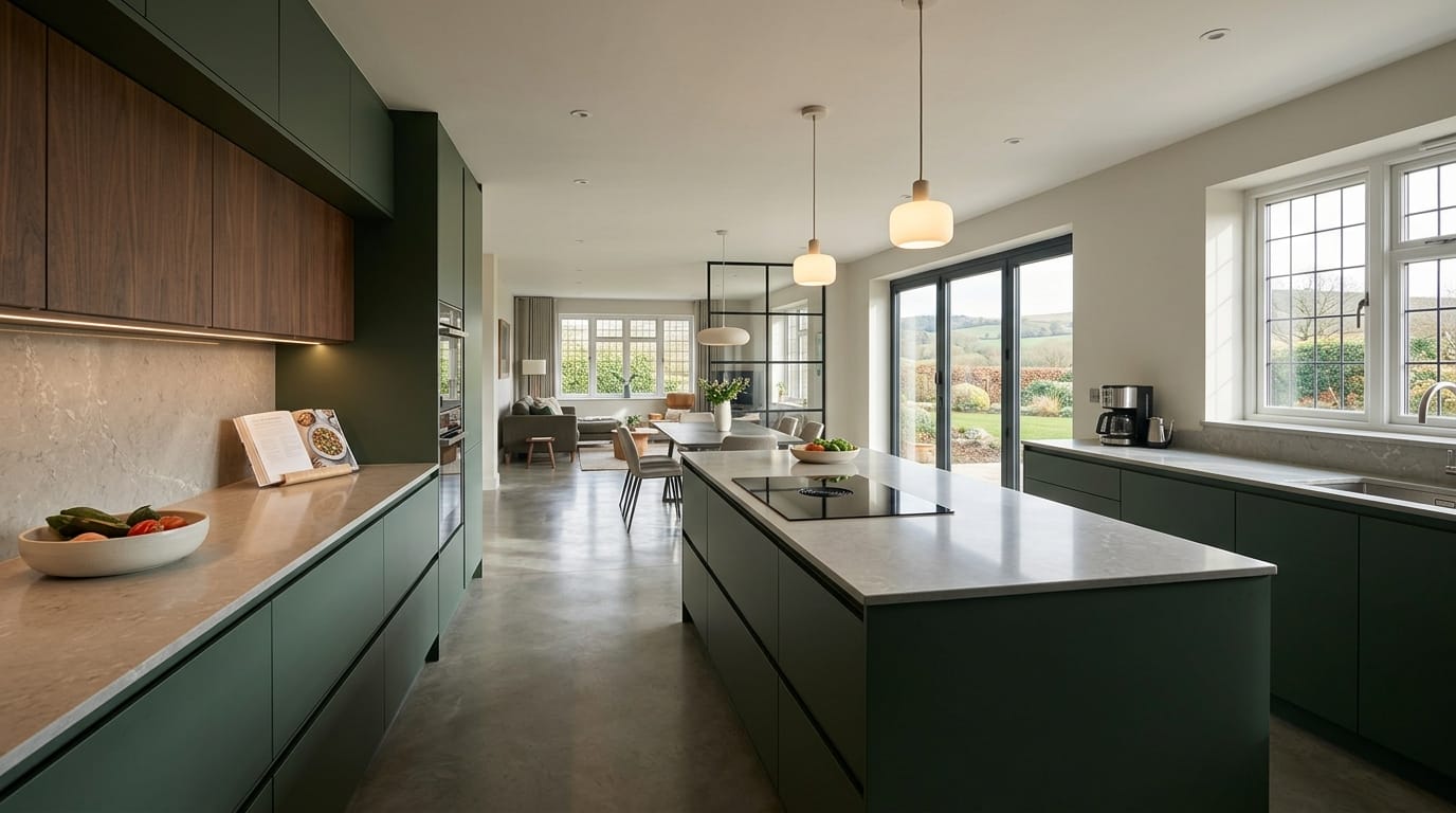 hero2_1200x675-366 Mastercraft bespoke kitchen in Acton Round, wide architectural view showing room volume and design quality