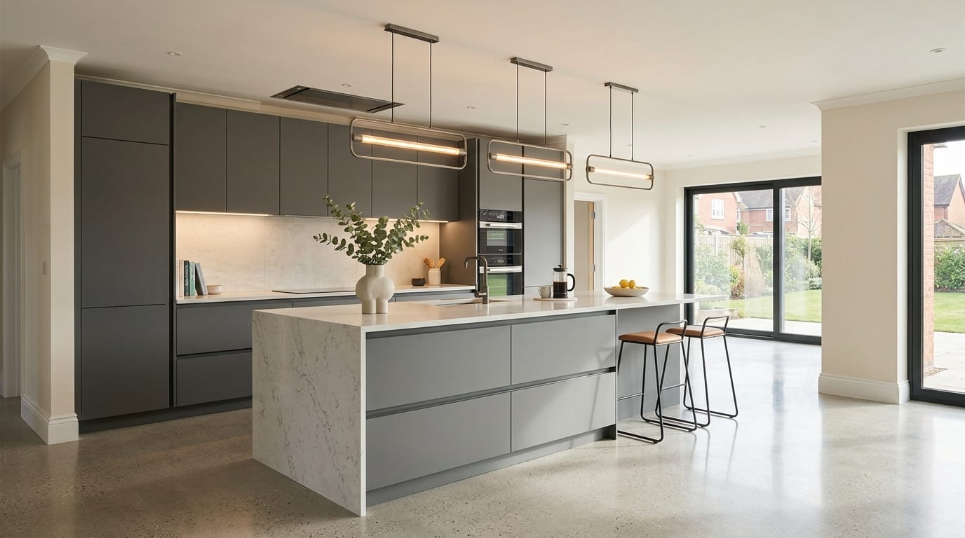 Mastercraft bespoke kitchen in Albrighton, wide architectural view showing room volume and design quality