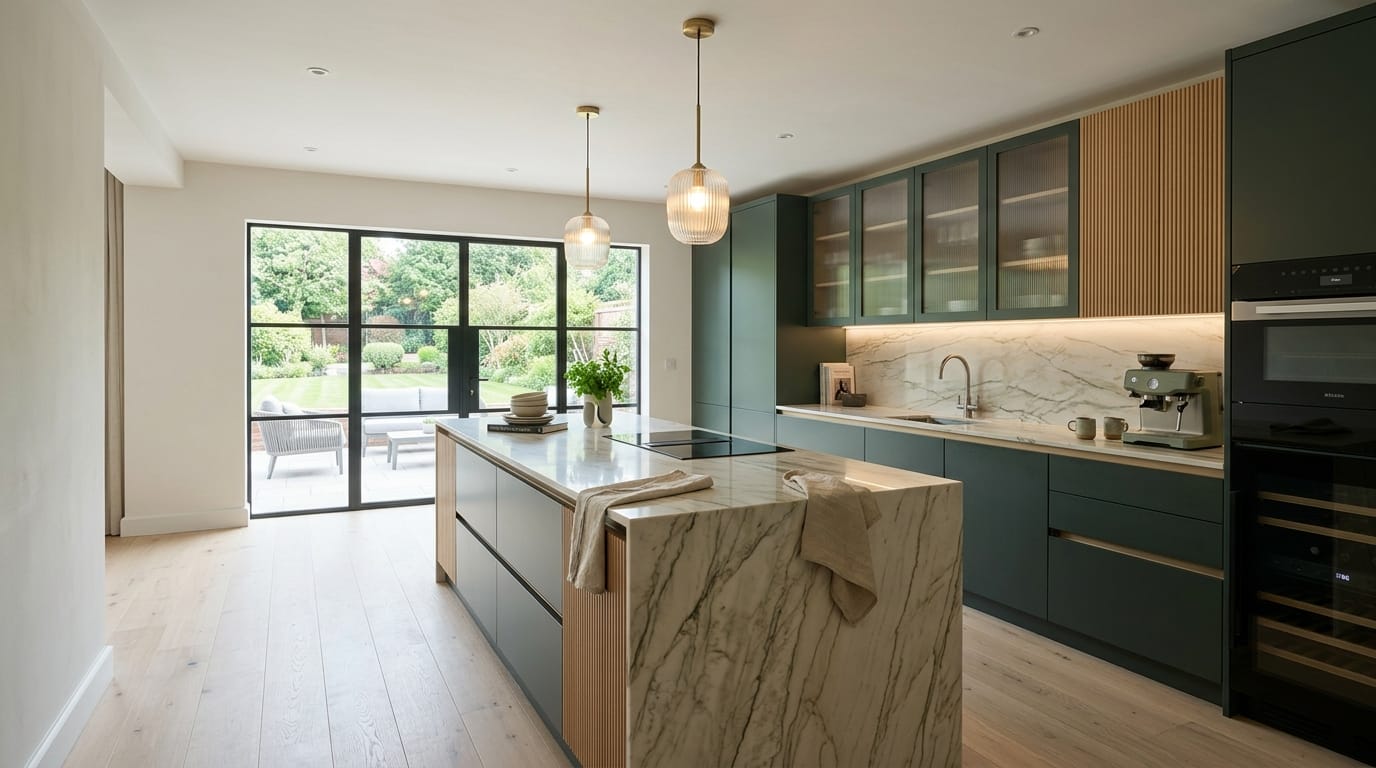 Mastercraft bespoke kitchen in Bridgnorth, wide architectural view showing room volume and design quality