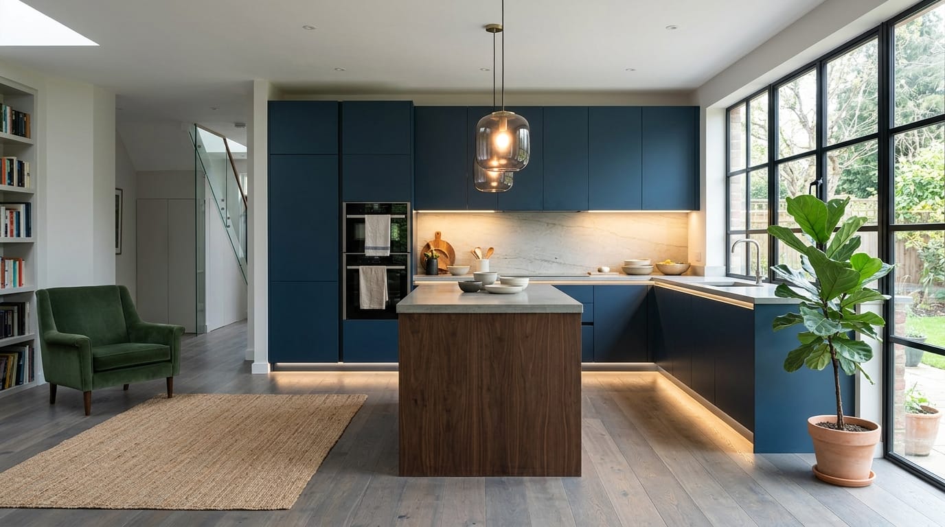 hero2_1200x675-370 Mastercraft bespoke kitchen in Hadley, wide architectural view showing room volume and design quality